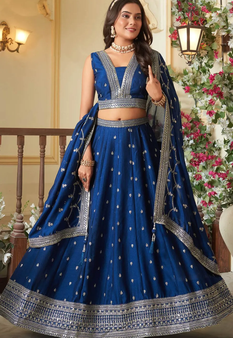 Embroidered Art Silk Lehenga in Teal Blue