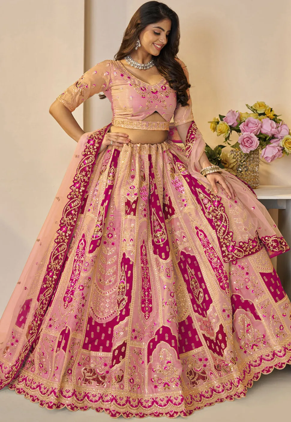 Embroidered Art Silk Lehenga in Pink