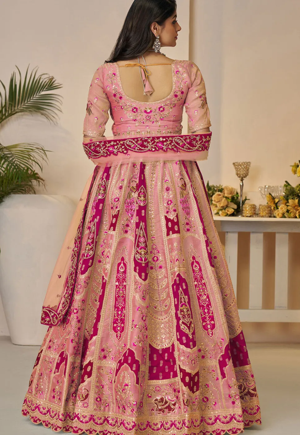 Embroidered Art Silk Lehenga in Pink