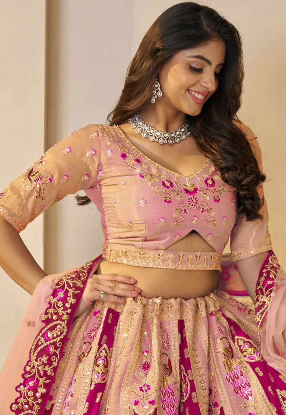 Embroidered Art Silk Lehenga in Pink