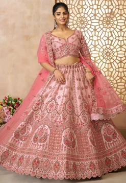 Embroidered Art Silk Lehenga in Pink