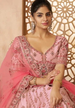 Embroidered Art Silk Lehenga in Pink