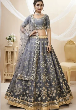 Embroidered Art Silk Lehenga in Grey