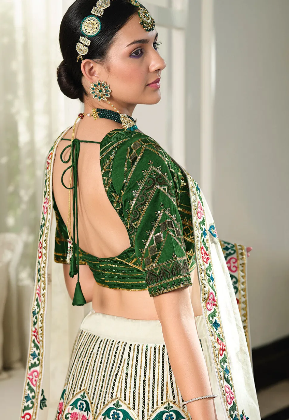 Embroidered Art Silk Lehenga in Off White
