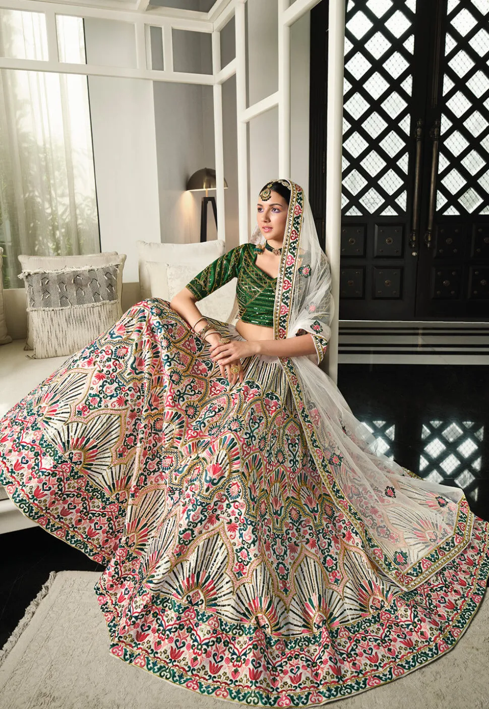 Embroidered Art Silk Lehenga in Off White