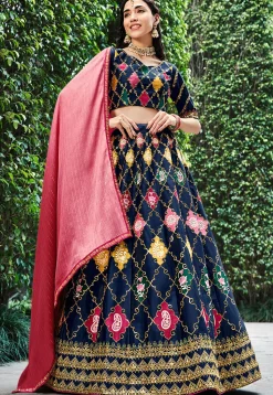 Embroidered Art Silk Lehenga in Navy Blue