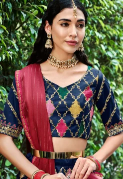 Embroidered Art Silk Lehenga in Navy Blue
