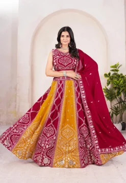 Embroidered Art Silk Lehenga in Mustard and Maroon