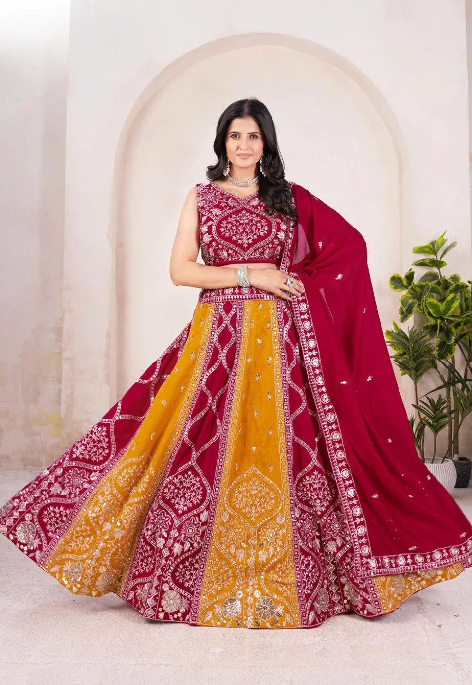 Embroidered Art Silk Lehenga in Mustard and Maroon