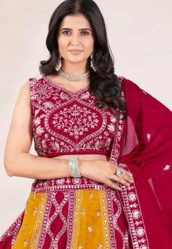 Embroidered Art Silk Lehenga in Mustard and Maroon