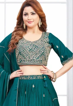 Embroidered Art Silk Lehenga in Teal Green