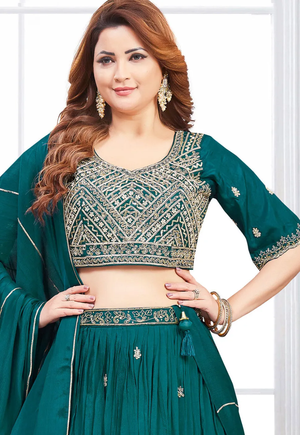 Embroidered Art Silk Lehenga in Teal Green
