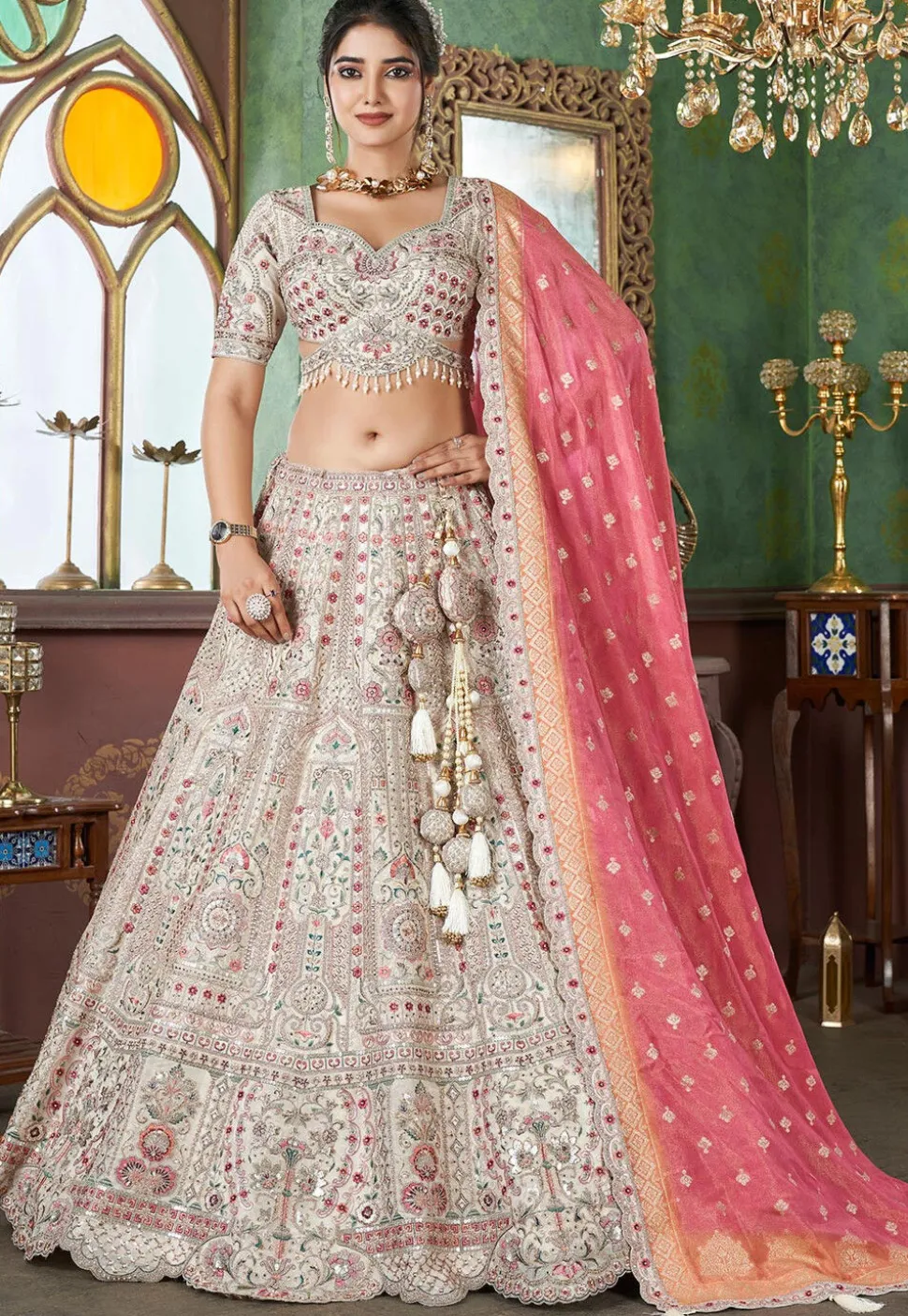 Embroidered Art Silk Lehenga in Off White