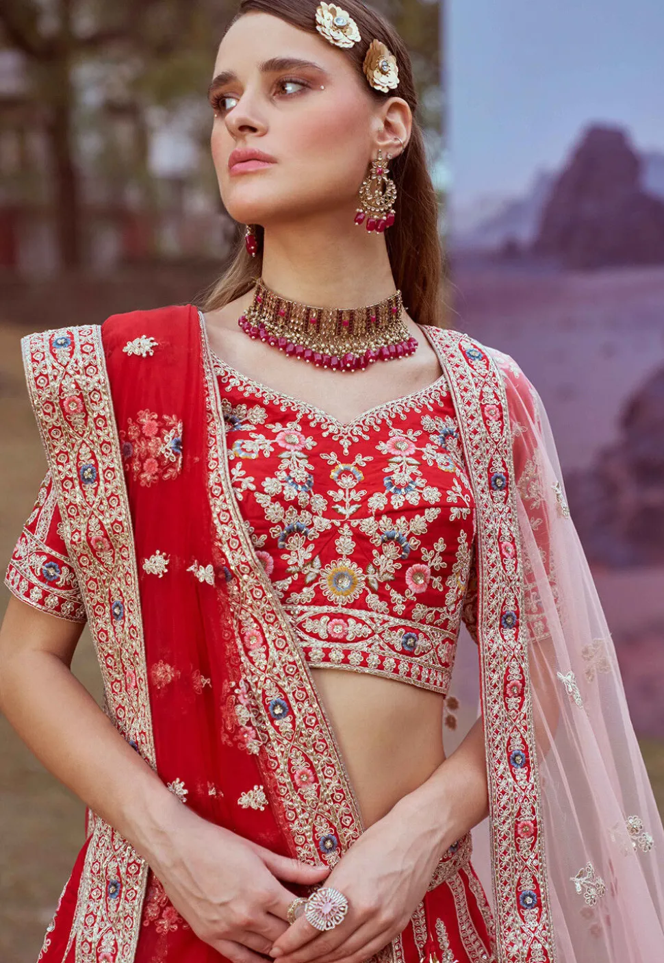 Embroidered Art Silk Lehenga in Red