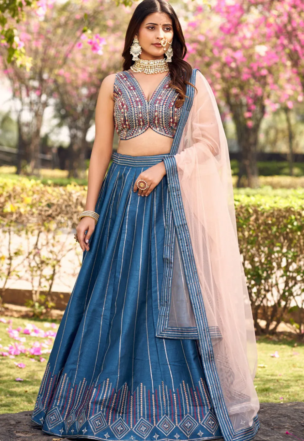 Embroidered Art Silk Lehenga in Blue