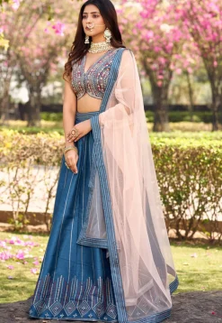 Embroidered Art Silk Lehenga in Blue