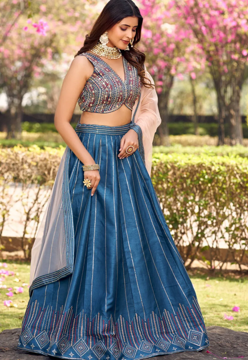 Embroidered Art Silk Lehenga in Blue