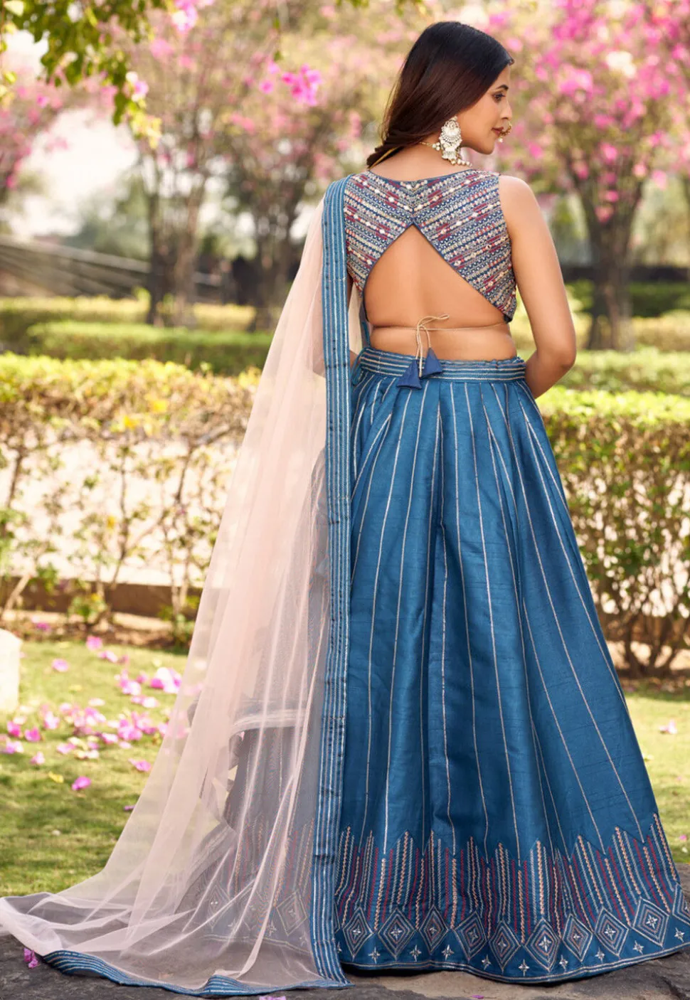 Embroidered Art Silk Lehenga in Blue