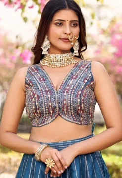 Embroidered Art Silk Lehenga in Blue