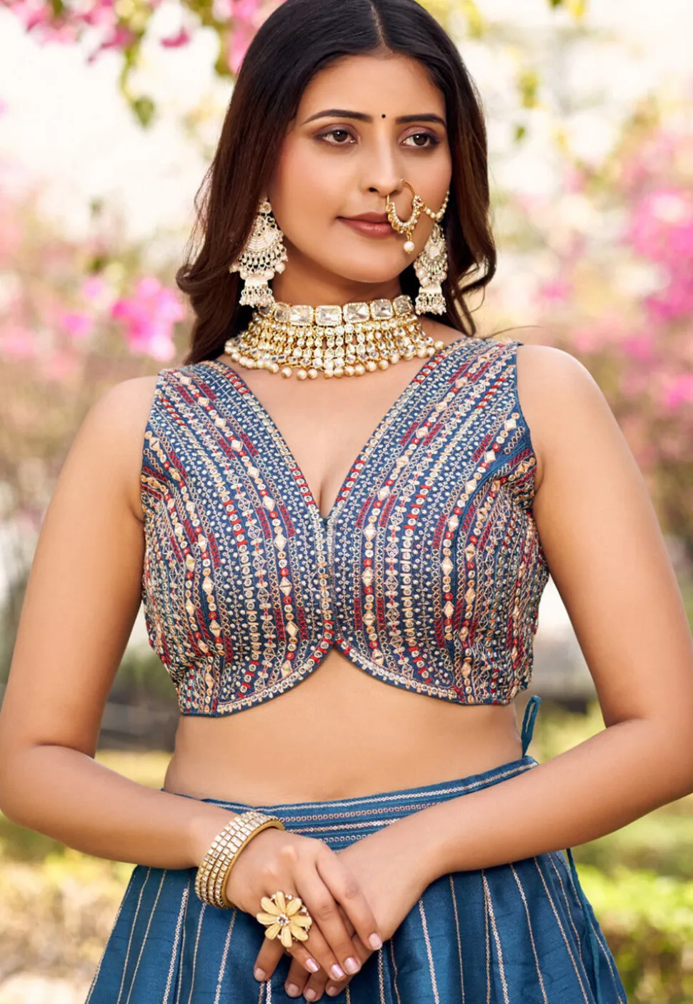 Embroidered Art Silk Lehenga in Blue