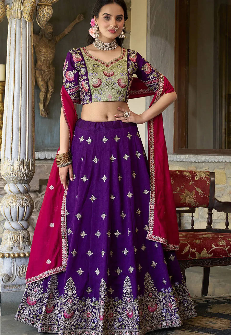 Embroidered Art Silk Lehenga in Purple
