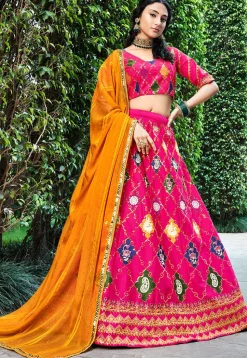 Embroidered Art Silk Lehenga in Pink