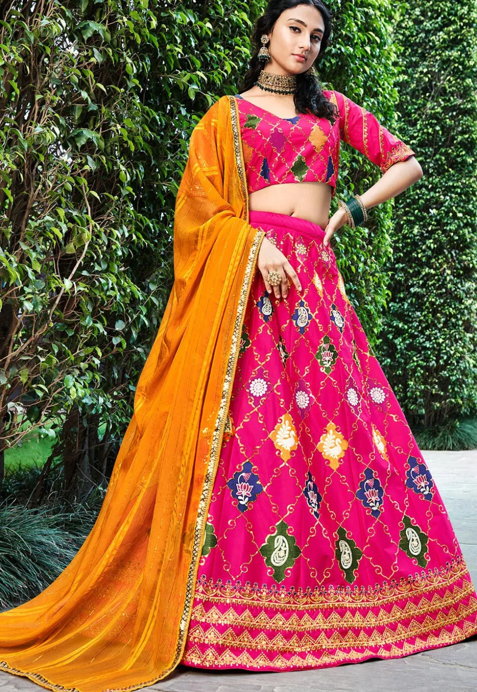 Embroidered Art Silk Lehenga in Pink