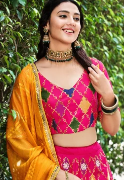 Embroidered Art Silk Lehenga in Pink