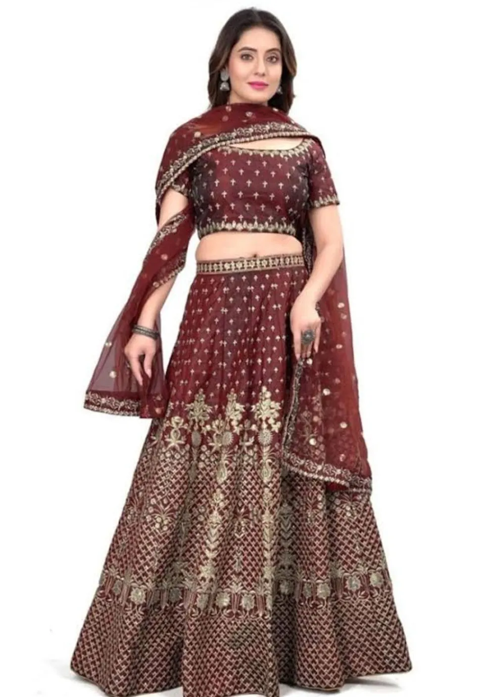 Embroidered Art Silk Lehenga in Maroon