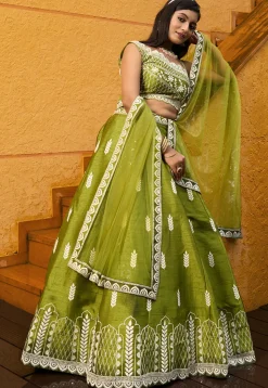 Embroidered Art Silk Lehenga in Light Green