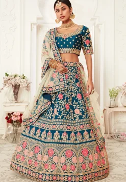 Embroidered Art Silk Lehenga in Teal Blue