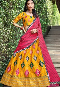 Embroidered Art Silk Lehenga in Mustard