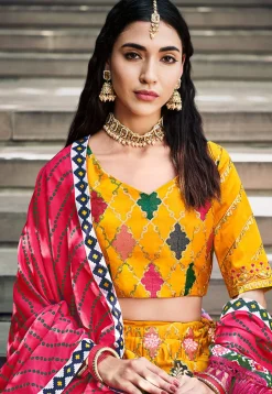 Embroidered Art Silk Lehenga in Mustard