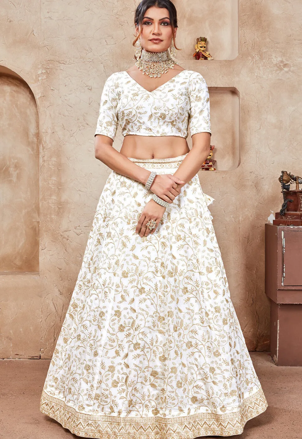 Embroidered Art Silk Lehenga in Off White