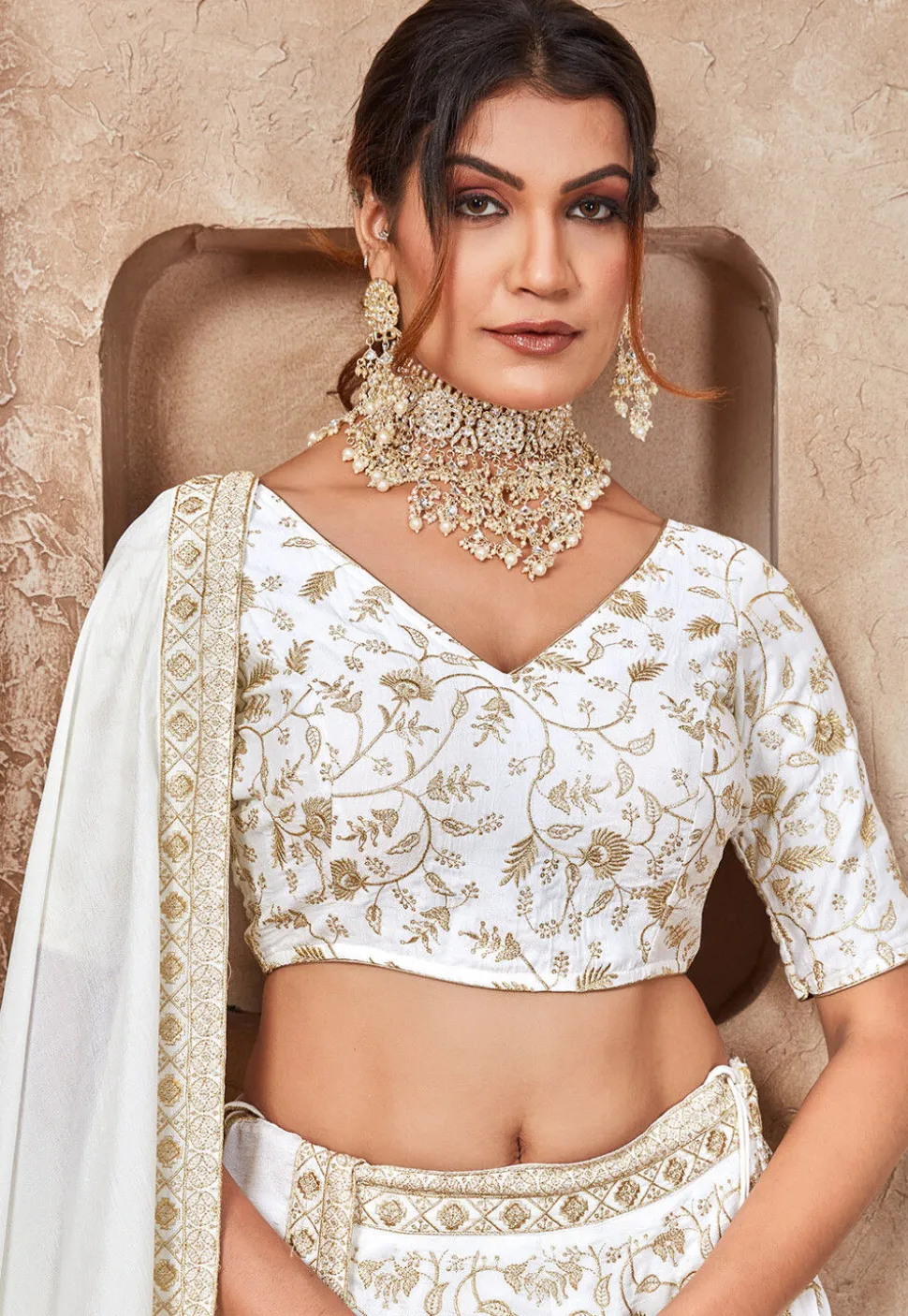 Embroidered Art Silk Lehenga in Off White