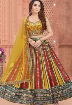 Embroidered Art Silk Lehenga in Multicolor