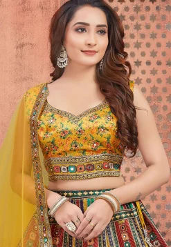 Embroidered Art Silk Lehenga in Multicolor