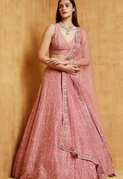 Embroidered Art Silk Lehenga in Peach