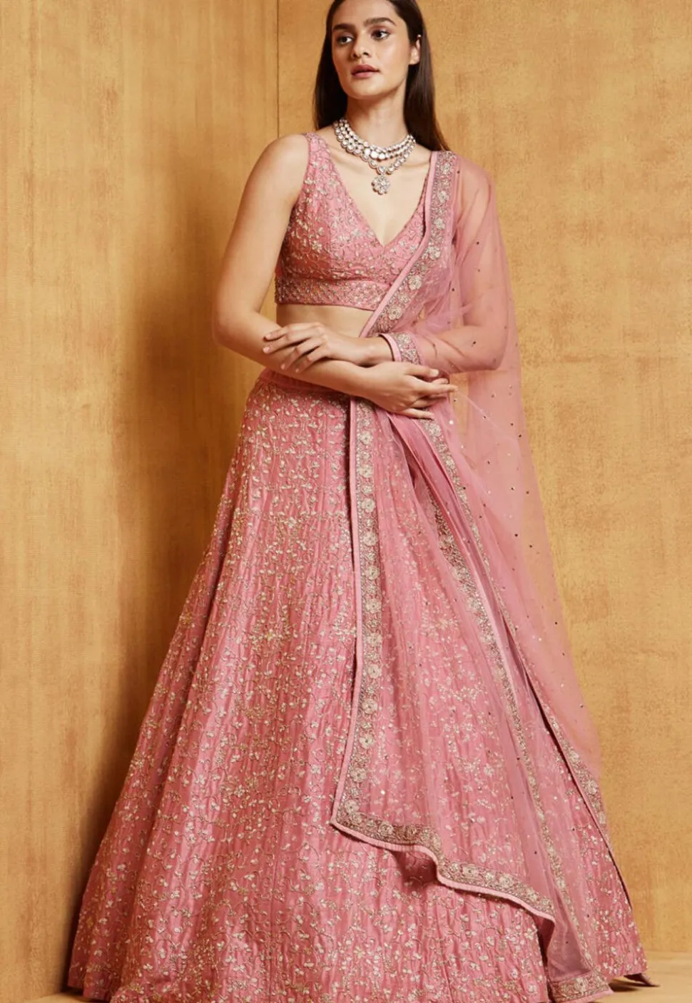 Embroidered Art Silk Lehenga in Peach