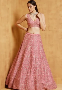 Embroidered Art Silk Lehenga in Peach