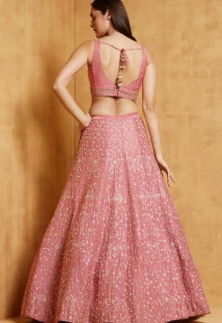 Embroidered Art Silk Lehenga in Peach