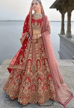 Embroidered Art Silk Lehenga in Red