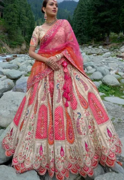 Embroidered Art Silk Lehenga in Biege