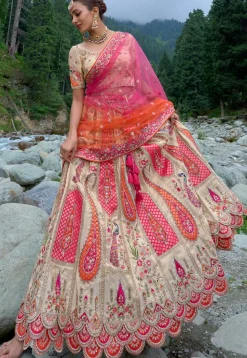Embroidered Art Silk Lehenga in Biege
