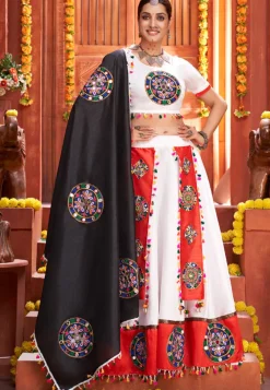 Embroidered Art Silk Lehenga in Off White