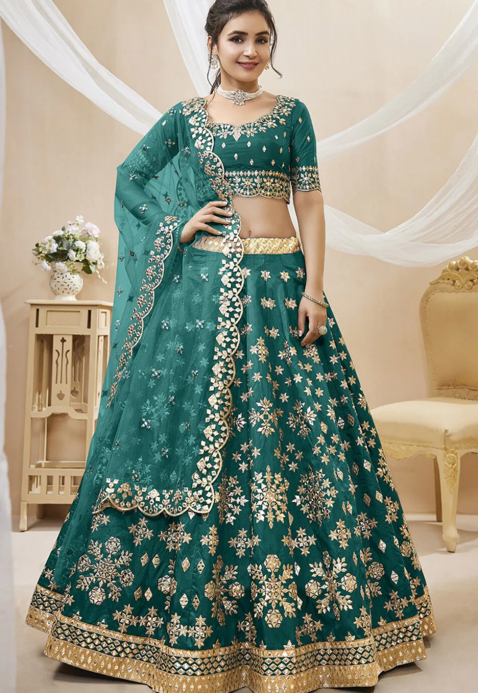 Embroidered Art Silk Lehenga in Teal Green