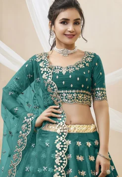 Embroidered Art Silk Lehenga in Teal Green
