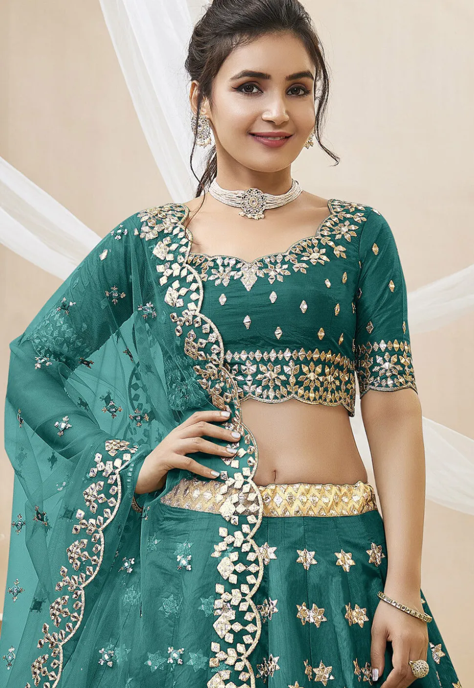 Embroidered Art Silk Lehenga in Teal Green
