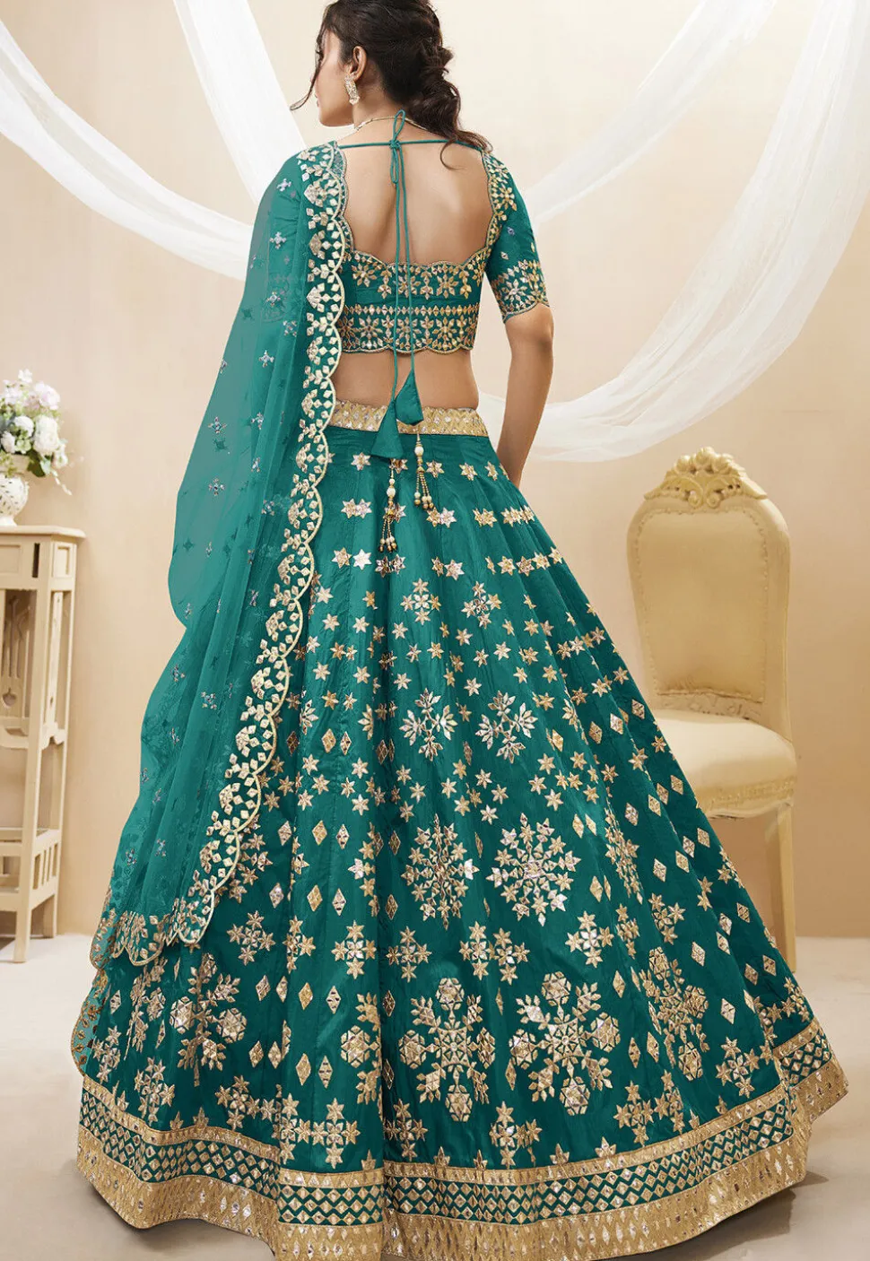 Embroidered Art Silk Lehenga in Teal Green