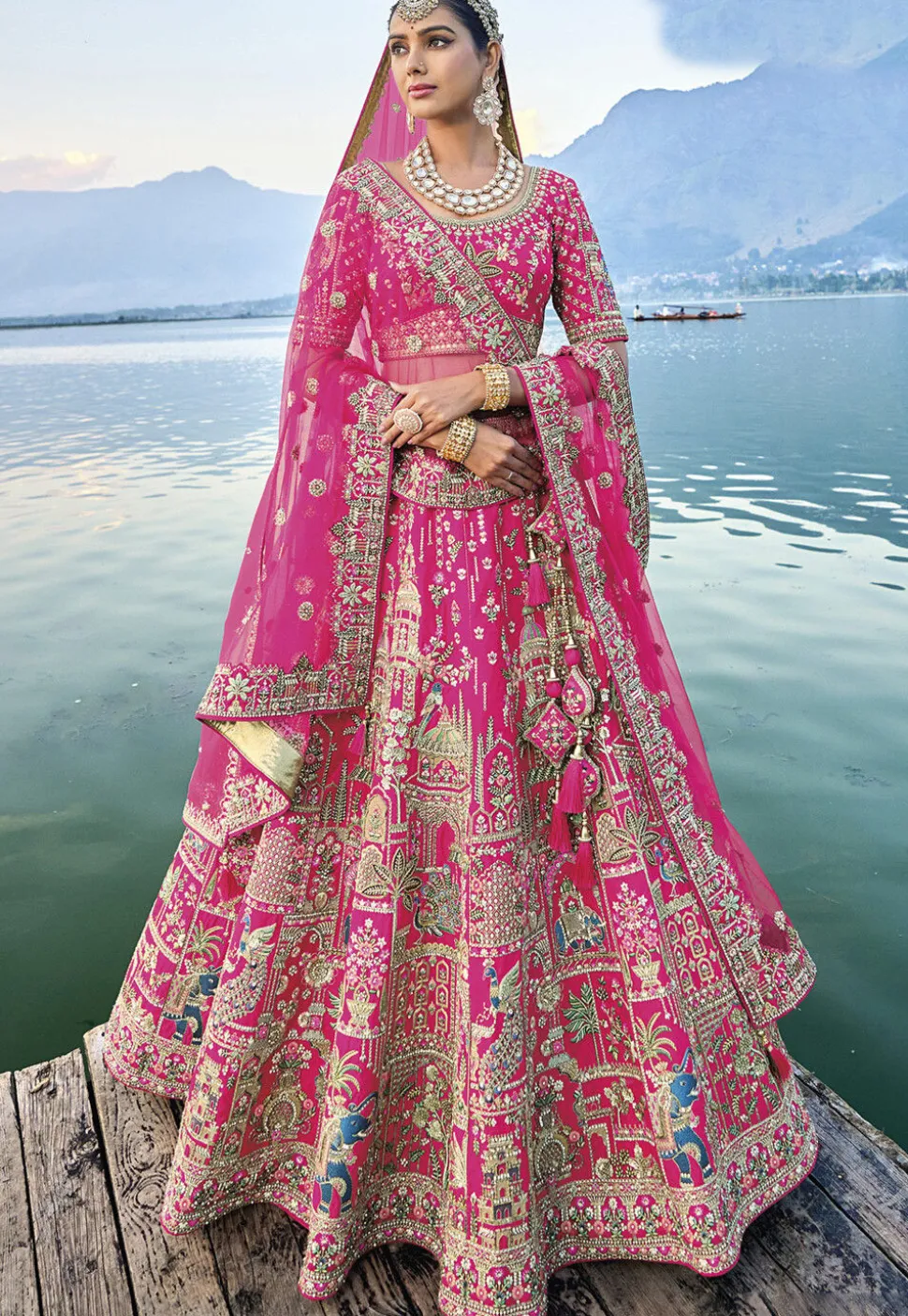 Embroidered Art Silk Lehenga in Pink